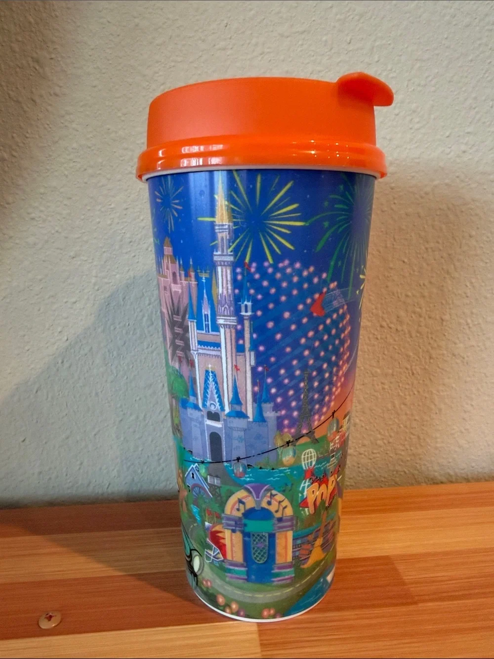 Disney Orange-Handled Mickey & Friends Travel Cup with Fireworks Art